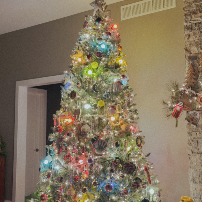 colorful, nostalgic christmas tree with large colorful bulbs, white lights, and a variety of collected ornaments.