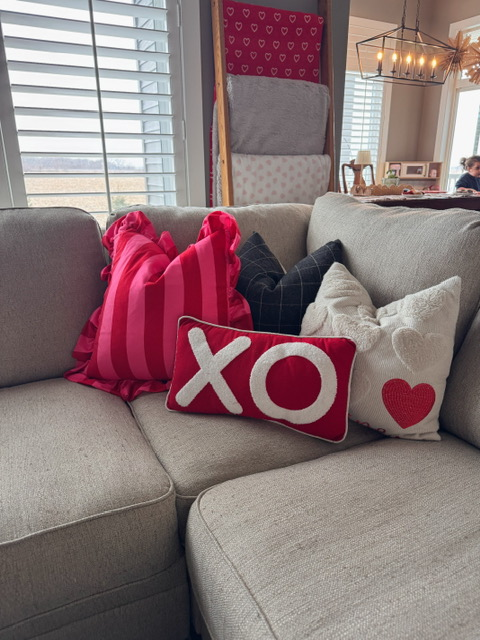 Grouping of four decorative valentine's day pillows on a beige couch.