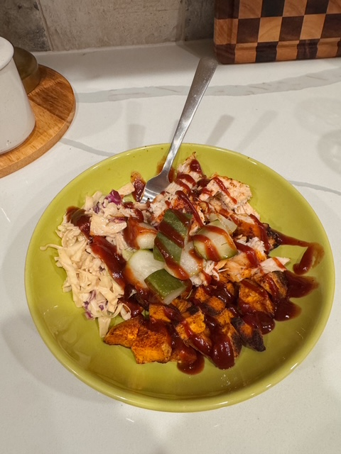 easy BBQ chicken bowls - sweet potatoes, coleslaw, pickles, chicken, BBQ sauce