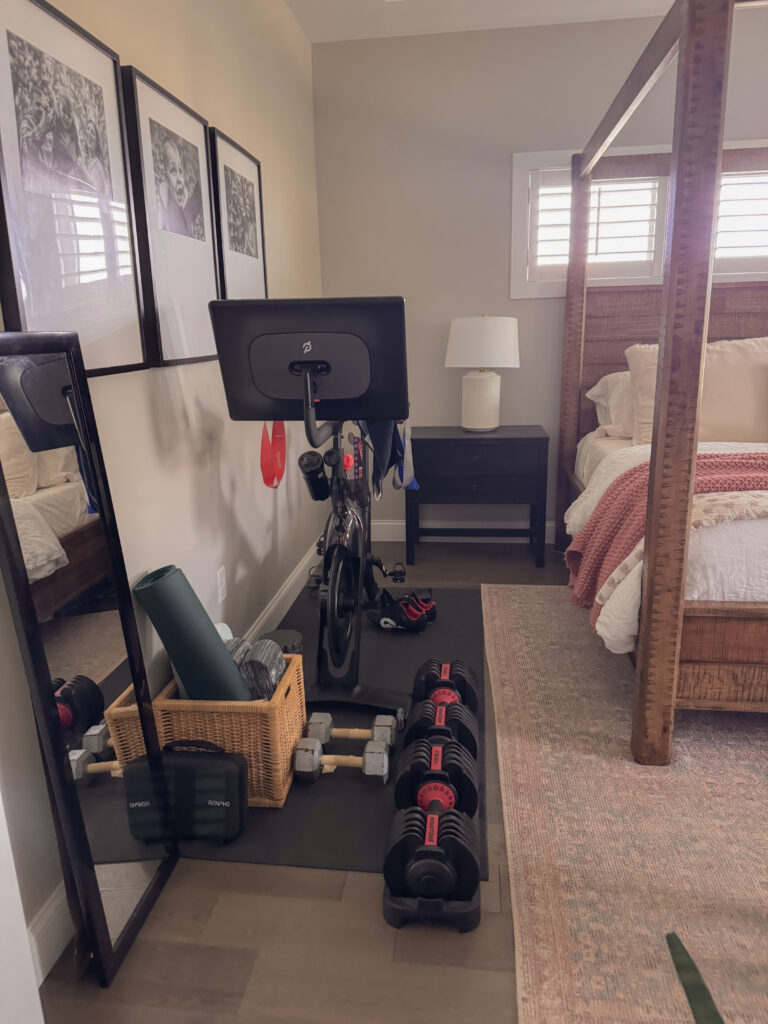 small space home gym picture facing into bedroom