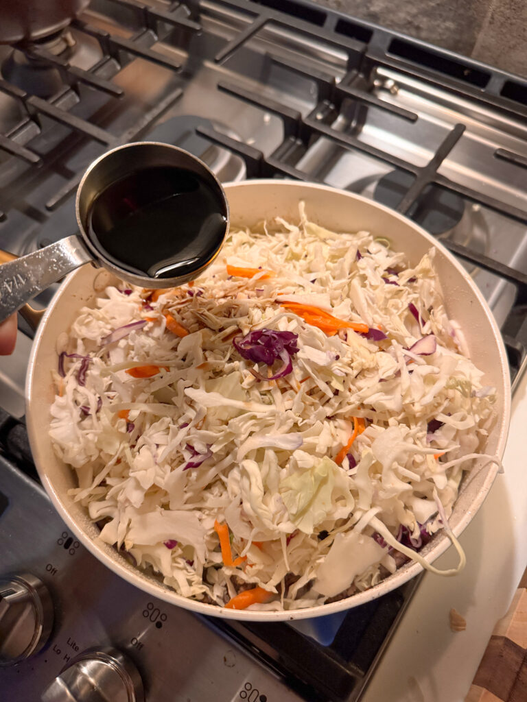 slaw in skillet for healthy egg roll bowl