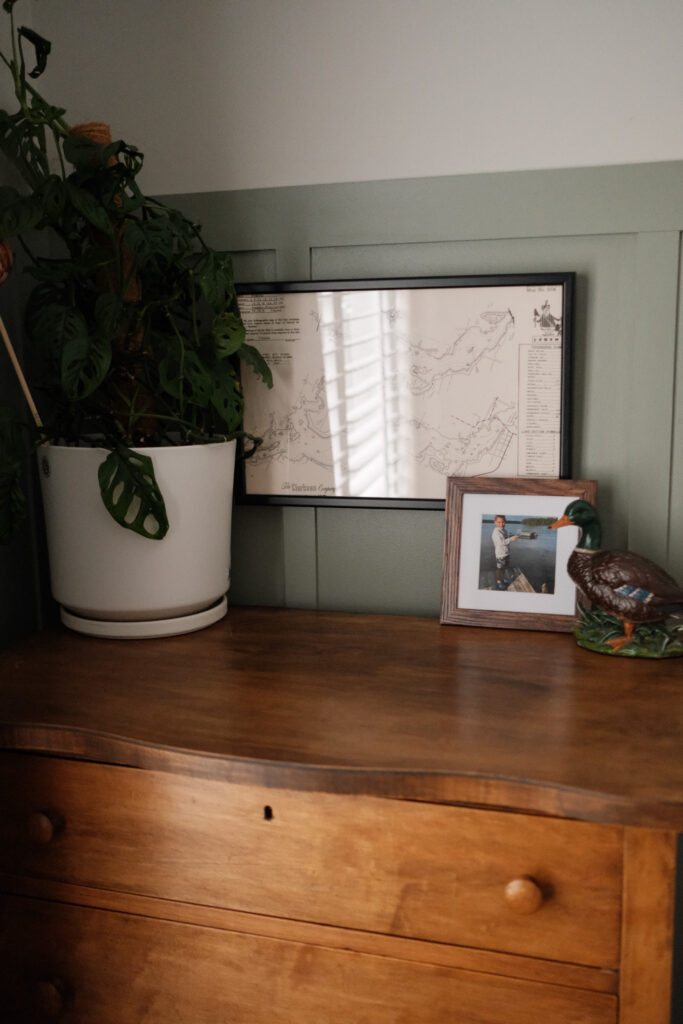 cozy vintage boys bedroom details on dresser
