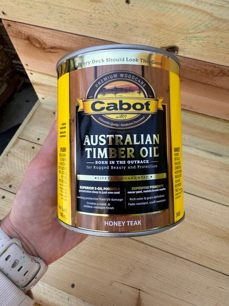 Cabot Australian Timber Oil Honey Teak stain and seal for DIY mud kitchen